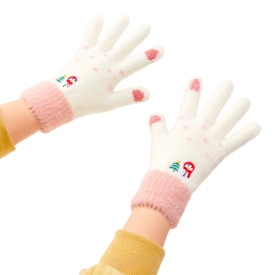 Women's winter telephone gloves with a snowman and a Christmas tree - white and pink Women's winter telephone gloves with a snowman and a Christmas tree - white and pink