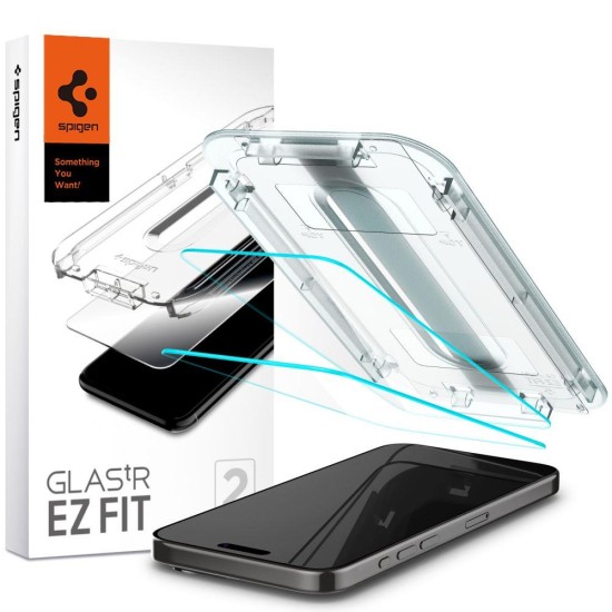 Spigen Glas.tR EZ Fit tempered glass for iPhone 15 Pro Max - 2 pcs. Spigen Glas.tR EZ Fit tempered glass for iPhone 15 Pro Max - 2 pcs.