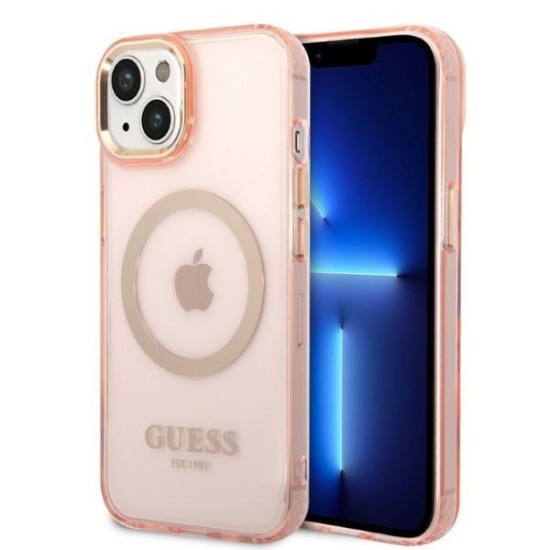 Guess GUHMP14SHTCMP iPhone 14 6.1" pink/pink hard case Gold Outline Translucent MagSafe Guess GUHMP14SHTCMP iPhone 14 6.1" pink/pink hard case Gold Outline Translucent MagSafe