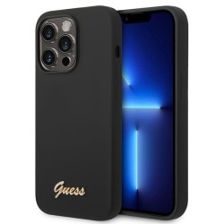 Guess Silicone Vintage Gold Logo iPhone 14 Pro Case - Black