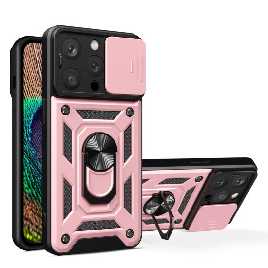 iPhone 15 Pro Max Hybrid Armor Camshield Case with Kickstand and Camera Cover - Pink iPhone 15 Pro Max Hybrid Armor Camshield Case with Kickstand and Camera Cover - Pink