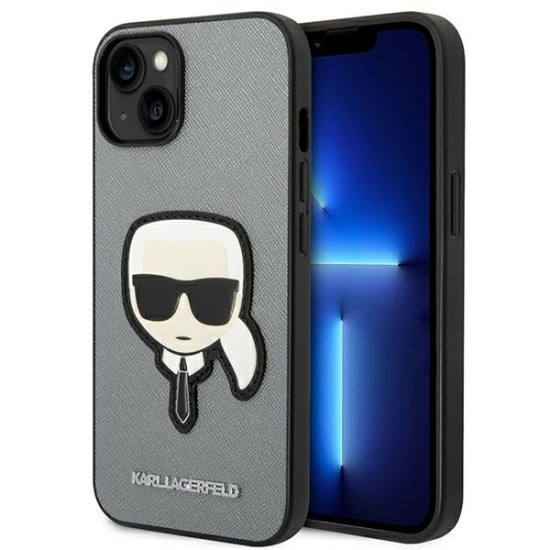 Karl Lagerfeld Saffiano Karl's Head Patch case for iPhone 14 Plus - silver Karl Lagerfeld Saffiano Karl's Head Patch case for iPhone 14 Plus - silver