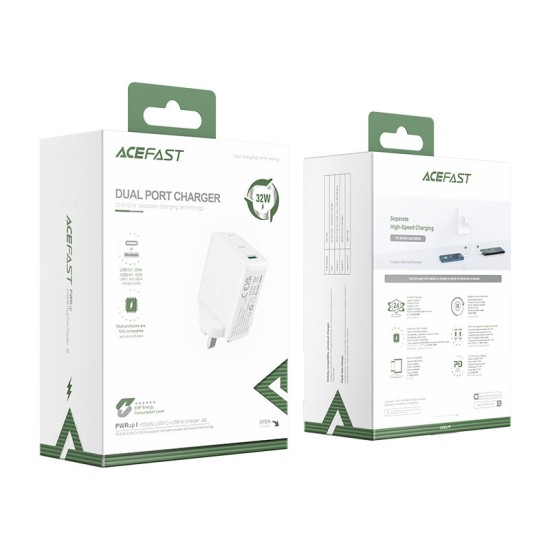ACEFAST WALL CHARGER USB + TYPE C 32W UK PLUG WHITE