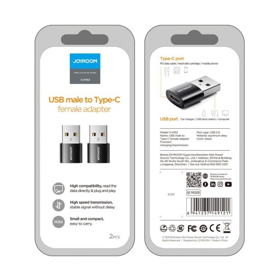 JOYROOM adapter from USB Type C (female) to USB (male) black (S-H152 Black) JOYROOM adapter from USB Type C (female) to USB (male) black (S-H152 Black)