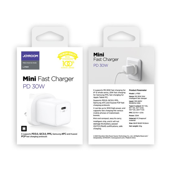 JOYROOM WALL CHARGER USB TYPE C 30W UK PLUG(L-P301)