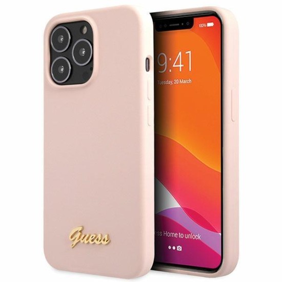 Guess GUHCP13XLSLMGLP iPhone 13 Pro Max 6.7" light pink/light pink hardcase Silicone Script Gold Logo Guess GUHCP13XLSLMGLP iPhone 13 Pro Max 6.7" light pink/light pink hardcase Silicone Script Gold Logo