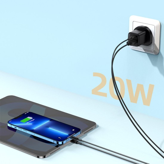 JOYROOM FAST UK WALL CHARGER USB TYPE C+USB 20W PD QC3.0 BLACK