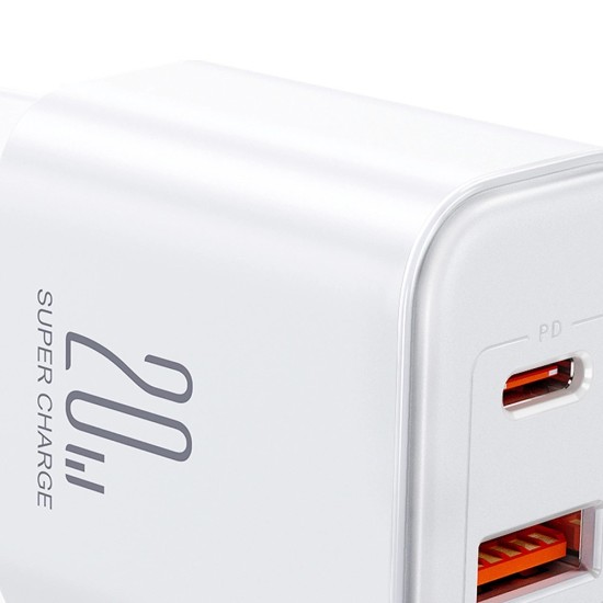 JOYROOM USB-A &amp; USB-C CHARGER + USB C CABLE 20W UK WHITE JR-TCF05