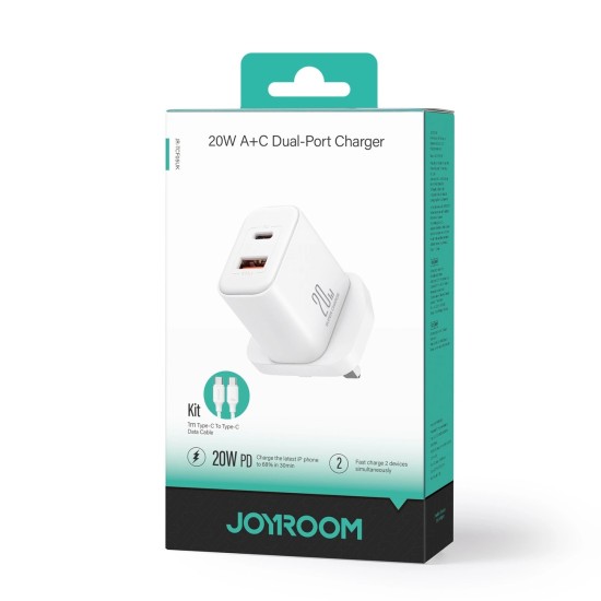 JOYROOM USB-A &amp; USB-C CHARGER + USB C CABLE 20W UK WHITE JR-TCF05