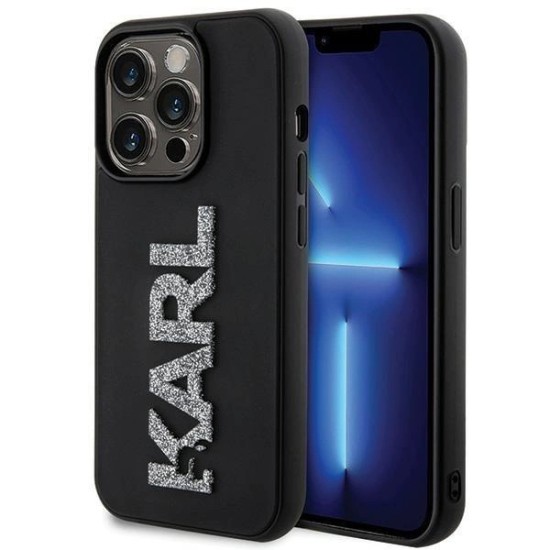 Karl Lagerfeld 3D Rubber Glitter Logo iPhone 15 Pro Case - Black