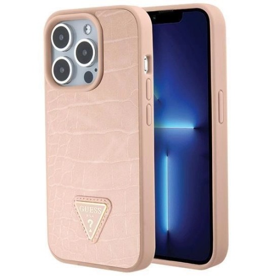 Guess Croco Triangle Metal Logo case for iPhone 15 Pro - pink Guess Croco Triangle Metal Logo case for iPhone 15 Pro - pink