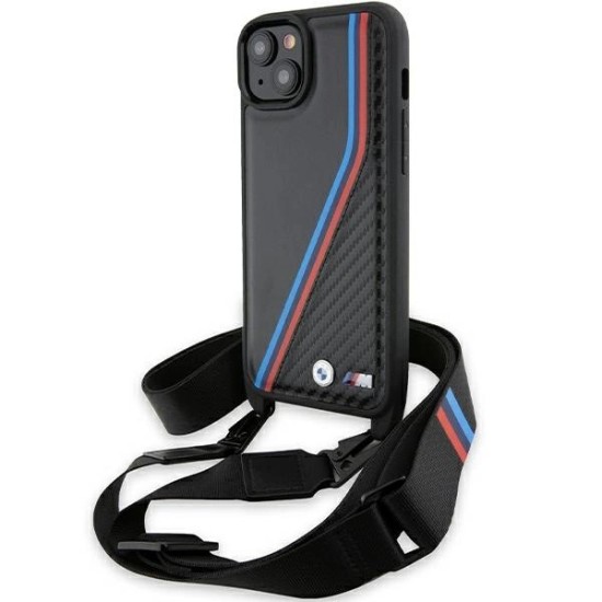 BMW M Edition Carbon Tricolor Lines & Strap case for iPhone 15 Plus / 14 Plus - black BMW M Edition Carbon Tricolor Lines & Strap case for iPhone 15 Plus / 14 Plus - black