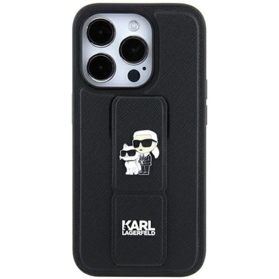 Karl Lagerfeld Gripstand Saffiano Karl&Choupette Pins case for iPhone 11 / Xr - black Karl Lagerfeld Gripstand Saffiano Karl&Choupette Pins case for iPhone 11 / Xr - black