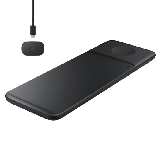Samsung Trio EP-P6300TBEGEU 3in1 inductive charger for phone / Galaxy Watch / Buds - black + mains charger + cable Samsung Trio EP-P6300TBEGEU 3in1 inductive charger for phone / Galaxy Watch / Buds - black + mains charger + cable