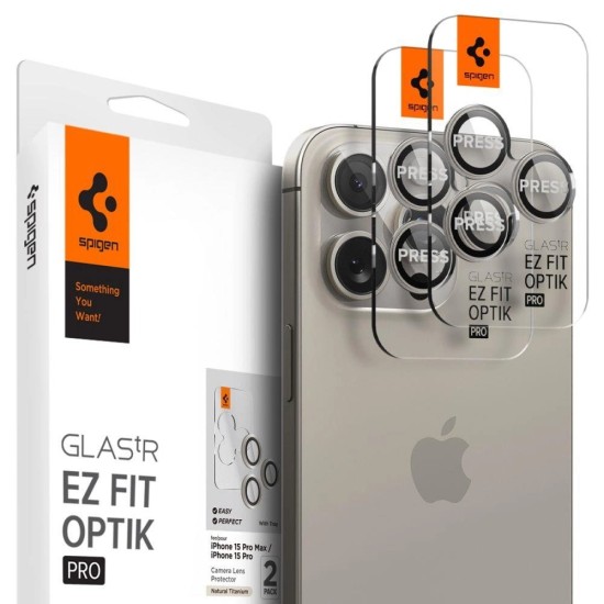 Spigen Optik.tR EZ Fit Camera Protector for iPhone 14 Pro / Pro Max / 15 Pro / Pro Max - Natural Titanium 2 pcs. Spigen Optik.tR EZ Fit Camera Protector for iPhone 14 Pro / Pro Max / 15 Pro / Pro Max - Natural Titanium 2 pcs.