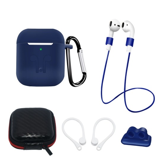 Set of AirPods 2 / AirPods 1 silicone case + case / ear hook / neck strap / watch strap holder / carabiner - blue Set of AirPods 2 / AirPods 1 silicone case + case / ear hook / neck strap / watch strap holder / carabiner - blue