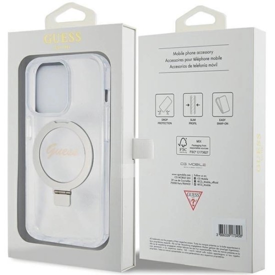 Guess Ring Stand Script Glitter MagSafe case for iPhone 15 Pro - transparent