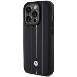 BMW Leather Stamp Blue Line Case for iPhone 15 Pro Max - Black