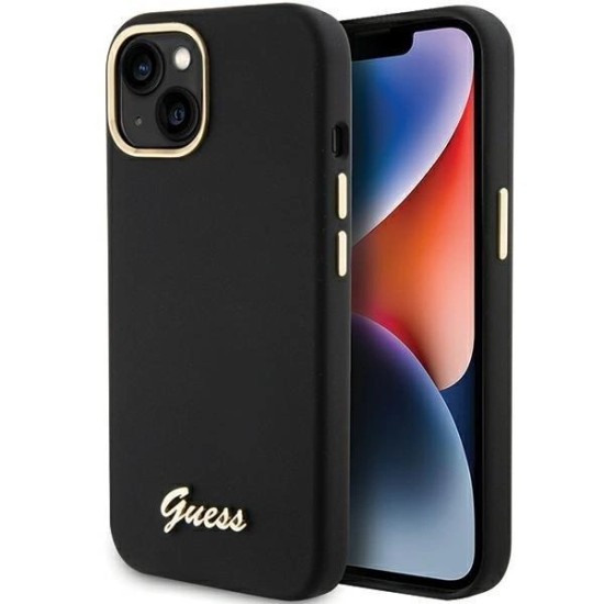Guess Silicone Script Metal Logo &amp;amp; Frame case for iPhone 15 - black