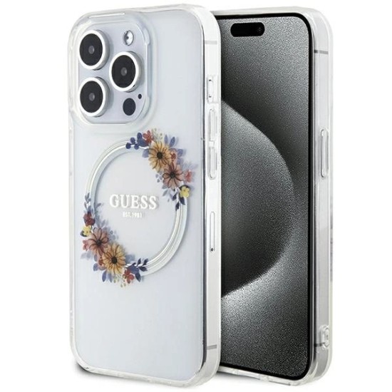 Guess IML Flowers Wreatch MagSafe case for iPhone 15 Pro - transparent Guess IML Flowers Wreatch MagSafe case for iPhone 15 Pro - transparent