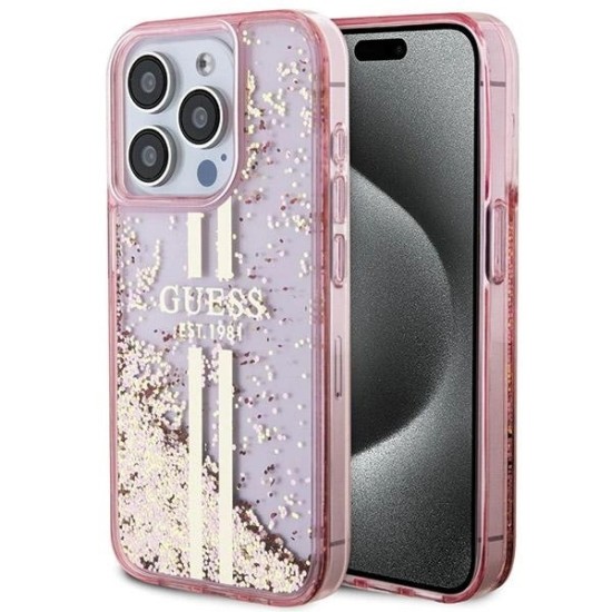 Guess Liquid Glitter Gold Stripes case for iPhone 15 Pro - pink Guess Liquid Glitter Gold Stripes case for iPhone 15 Pro - pink