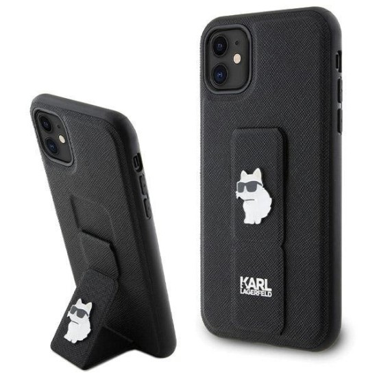 Karl Lagerfeld Gripstand Saffiano Choupette Pins Case for iPhone 11 / Xr - Black Karl Lagerfeld Gripstand Saffiano Choupette Pins Case for iPhone 11 / Xr - Black