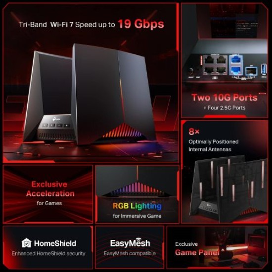 TP-Link BE19000 Gaming Router Tri-Band Wi-Fi 7 RGB with 4xEthernet Ports (Archer GE800)