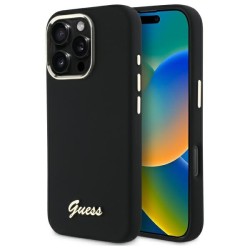 Guess Silicone Script Metal Logo &amp;amp; Frame Case for iPhone 16 Pro Max - Black