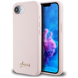 Guess Silicone Script Metal Logo MagSafe iPhone 16e Case - Pink