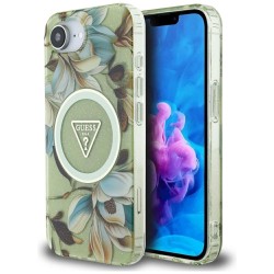 Guess IML Metal Glitter Flowers Triangle MagSafe iPhone 16e Case - Green Guess IML Metal Glitter Flowers Triangle MagSafe iPhone 16e Case - Green