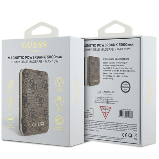 Guess Powerbank inductive 15W GUPB5FP4EMGW 5000mAh brown/brown 4G Leather Metal Logo MagSafe Guess Powerbank inductive 15W GUPB5FP4EMGW 5000mAh brown/brown 4G Leather Metal Logo MagSafe