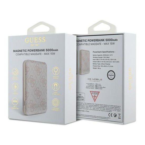 Guess Powerbank inductive 15W GUPB5FP4EMGP 5000mAh pink/pink 4G Leather Metal Logo MagSafe Guess Powerbank inductive 15W GUPB5FP4EMGP 5000mAh pink/pink 4G Leather Metal Logo MagSafe
