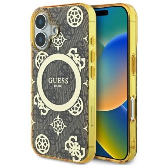 Guess IML Peony On 4G Background MagSafe iPhone 16 Case - Brown Guess IML Peony On 4G Background MagSafe iPhone 16 Case - Brown