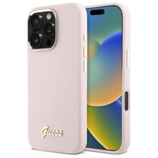 Guess Silicone Script Metal Logo & Frame iPhone 16 Pro Max Case - Pink Guess Silicone Script Metal Logo & Frame iPhone 16 Pro Max Case - Pink