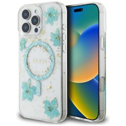 Guess Resin Flowers Glitter MagSafe iPhone 16 Pro Case - Clear Green