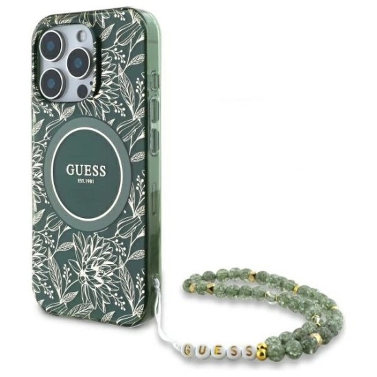 Guess IML Flowers Allover Electro With Pearl Strap MagSafe case for iPhone 16 Pro Max - green Guess IML Flowers Allover Electro With Pearl Strap MagSafe case for iPhone 16 Pro Max - green