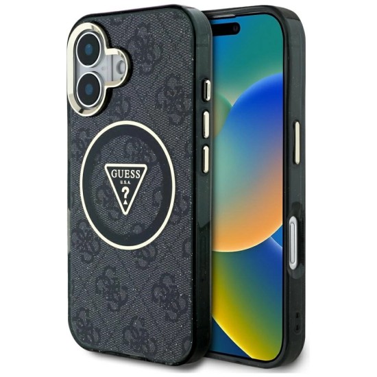 Guess IML Metal Glitter 4G Circle Triangle MagSafe Case for iPhone 16 - Black Guess IML Metal Glitter 4G Circle Triangle MagSafe Case for iPhone 16 - Black