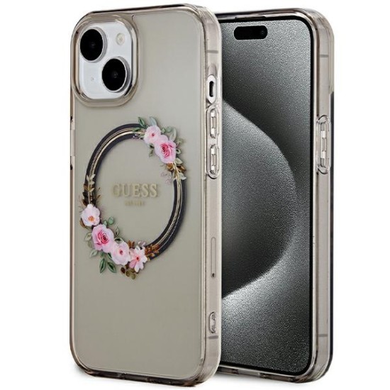 Guess IML Flowers Wreath MagSafe case for iPhone 15 / 14 / 13 - black Guess IML Flowers Wreath MagSafe case for iPhone 15 / 14 / 13 - black