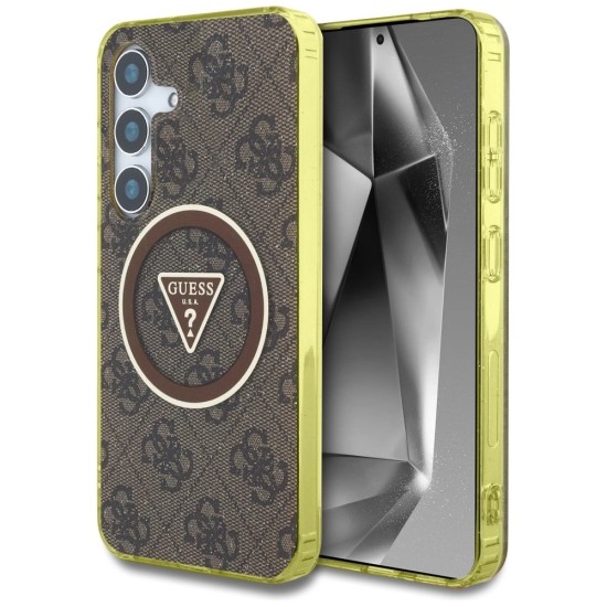 Guess 4G Glitter Triangle Buttons MagSafe Case for Samsung Galaxy S25 Brown