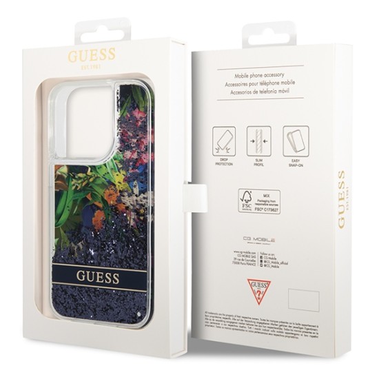 Guess Flower Liquid Glitter case for iPhone 14 Pro Max - blue