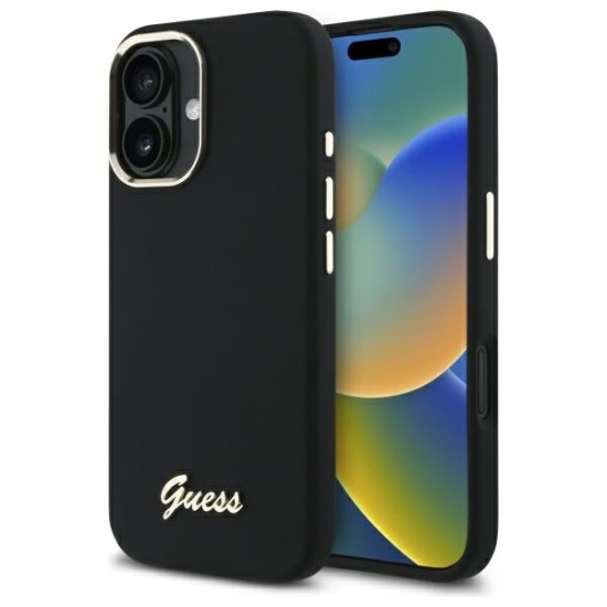 Guess Silicone Script Metal Logo &amp;amp; Frame Case for iPhone 16 Plus - Black