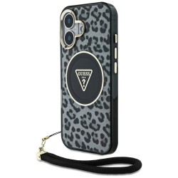 Guess HC IML Leopard Triangle Cord Strap MagSafe case for iPhone 16 - black Guess HC IML Leopard Triangle Cord Strap MagSafe case for iPhone 16 - black