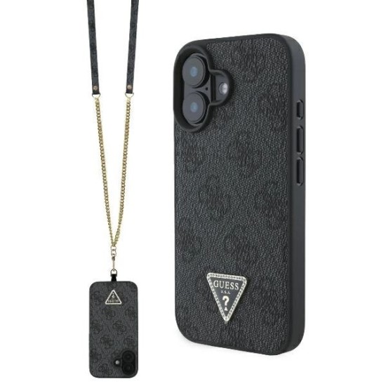 Guess Leather Metal Logo Strass Crossbody Case for iPhone 16 - Black Guess Leather Metal Logo Strass Crossbody Case for iPhone 16 - Black