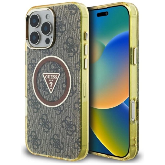 Guess IML Metal Glitter 4G Circle Triangle MagSafe Case for iPhone 16 Pro - Brown Guess IML Metal Glitter 4G Circle Triangle MagSafe Case for iPhone 16 Pro - Brown