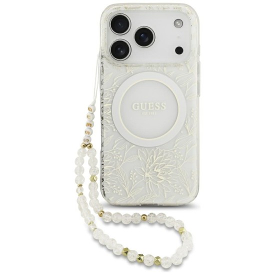 Guess IML Flowers Electro Pearl Strap MagSafe Case for iPhone 17 Pro - White Guess IML Flowers Electro Pearl Strap MagSafe Case for iPhone 17 Pro - White