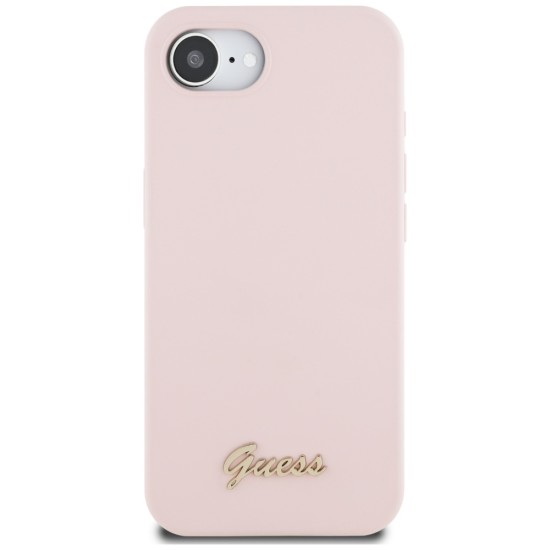 Guess Silicone Script Metal Logo MagSafe iPhone 16e Case - Pink
