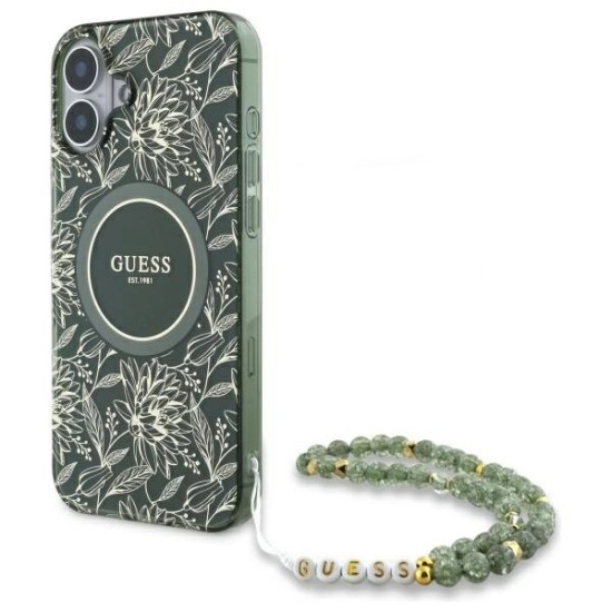 Guess IML Flowers Allover Electro With Pearl Strap MagSafe case for iPhone 16 - green Guess IML Flowers Allover Electro With Pearl Strap MagSafe case for iPhone 16 - green