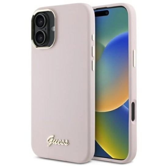 Guess Silicone Script Metal Logo &amp;amp; Frame iPhone 16 Plus Case - Pink