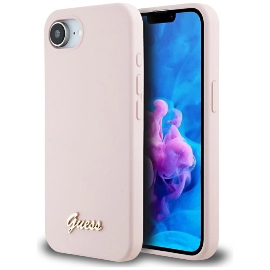 Guess Silicone Script Metal Logo MagSafe iPhone 16e Case - Pink