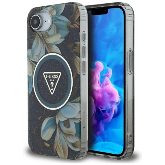 Guess IML Metal Glitter Flowers Triangle MagSafe case for iPhone 16e - black Guess IML Metal Glitter Flowers Triangle MagSafe case for iPhone 16e - black